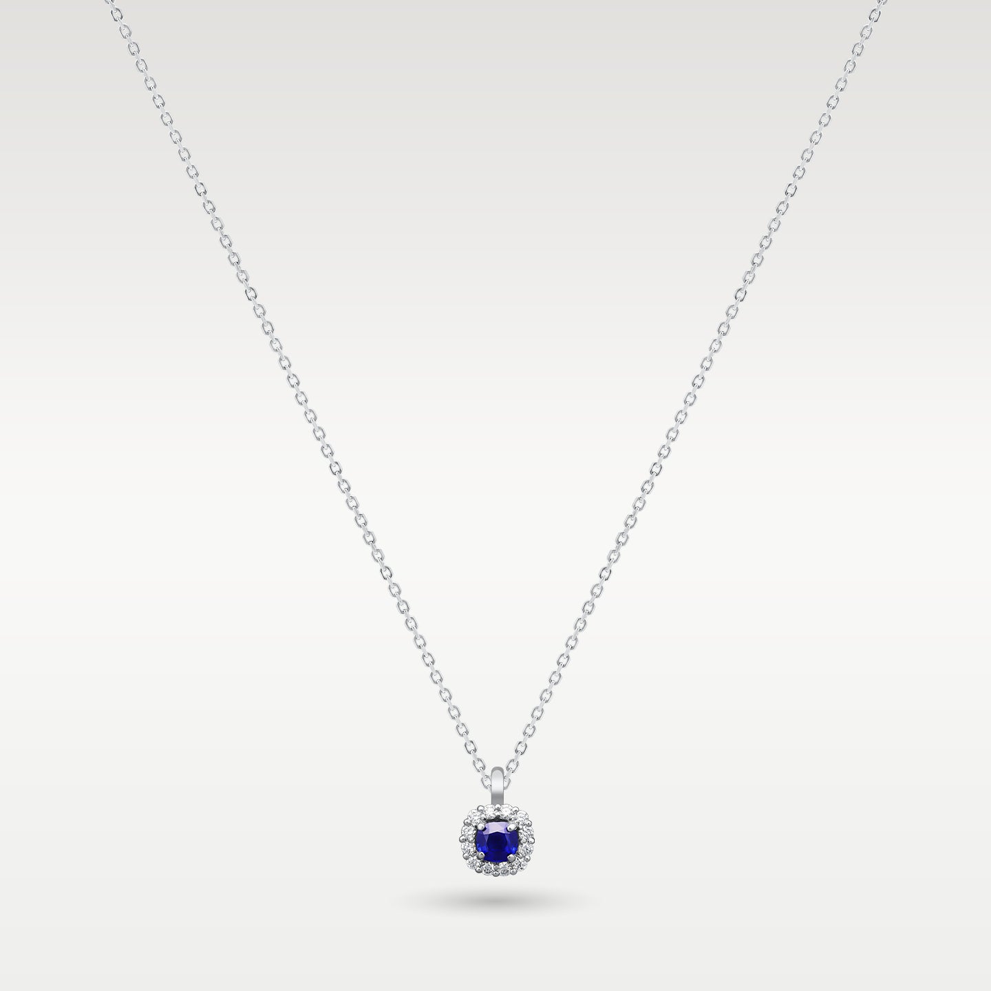14k White Gold Sapphire & Diamond Halo Pendant Necklace
