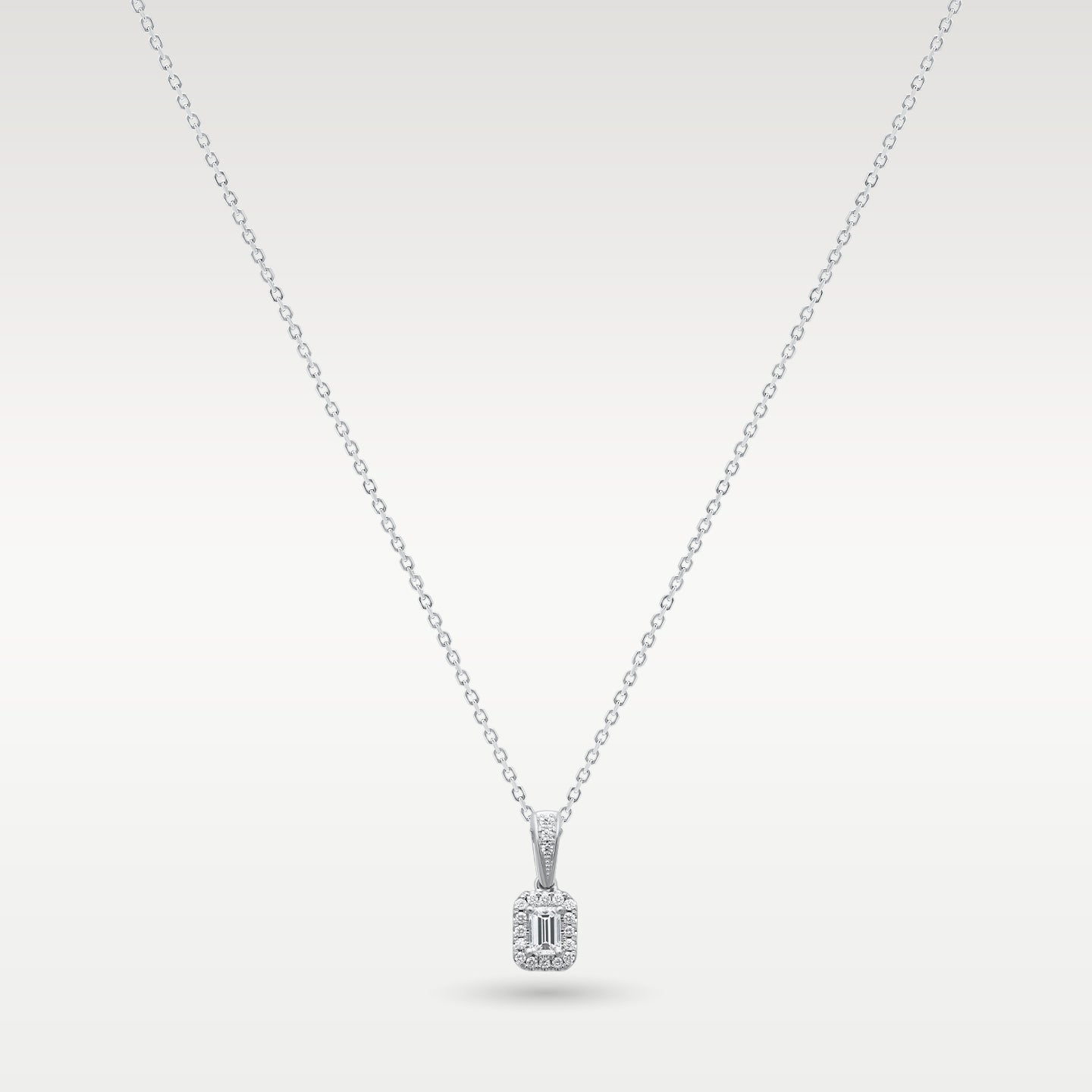 14K White Gold Emerald-Cut & Round Diamond Halo Pendant