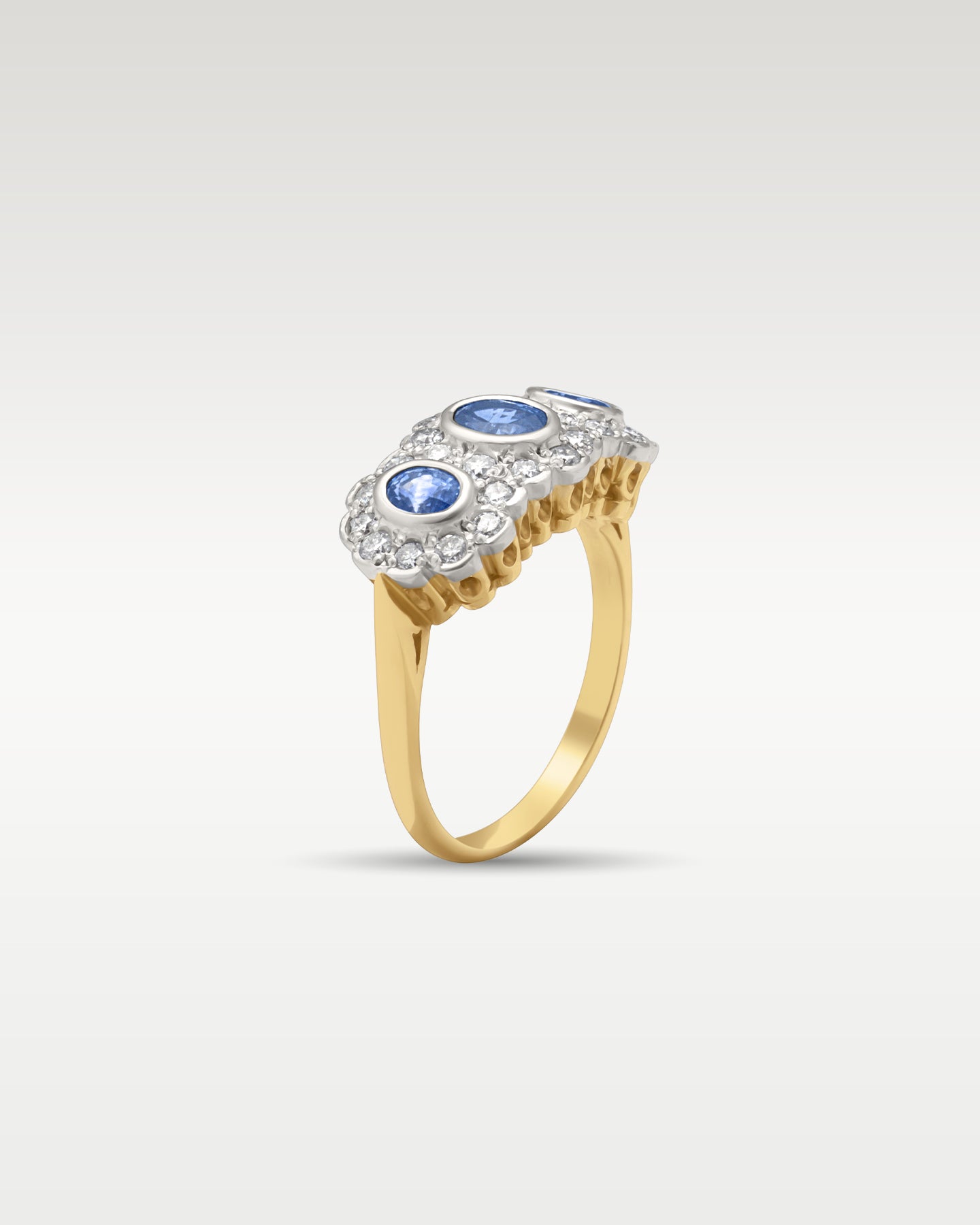 18k Gold Sapphire and Diamond Triple Cluster Ring | Noah’s Fine Jewelry Dallas
