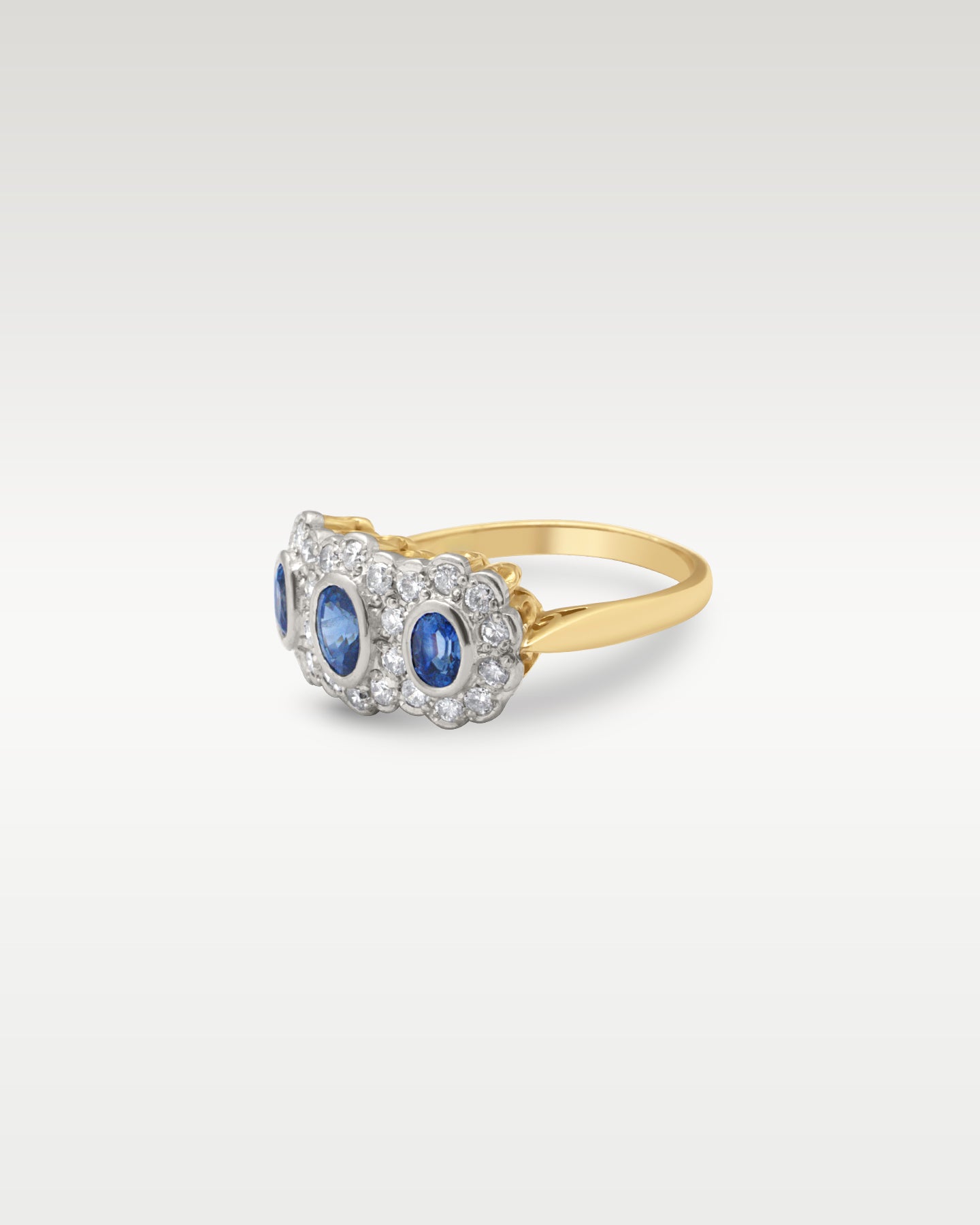 18k Gold Sapphire and Diamond Triple Cluster Ring | Noah’s Fine Jewelry Dallas