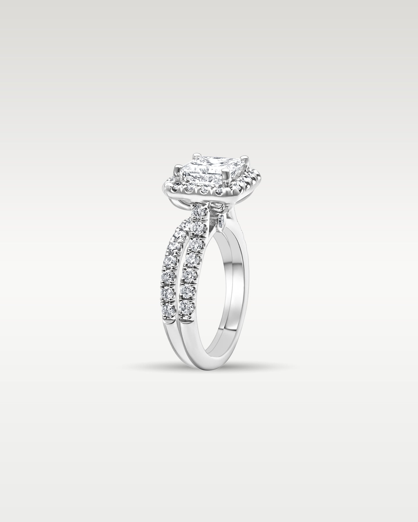 Platinum Princess Cut Halo Diamond Bridal Set | Noah’s Fine Jewelry Dallas