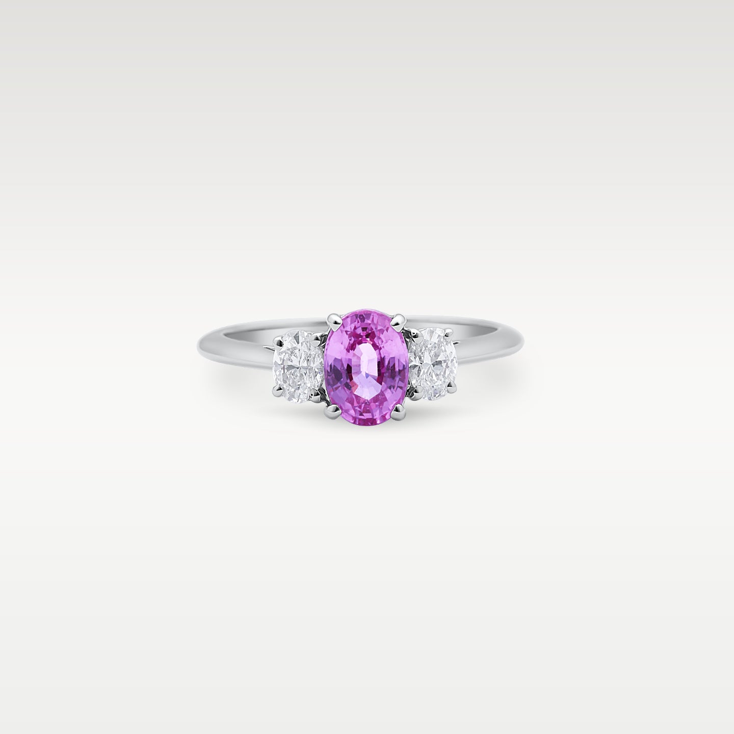 Platinum Three-Stone Pink Sapphire & Diamond Ring | Noah's Fine Jewelry Dallas, Texas