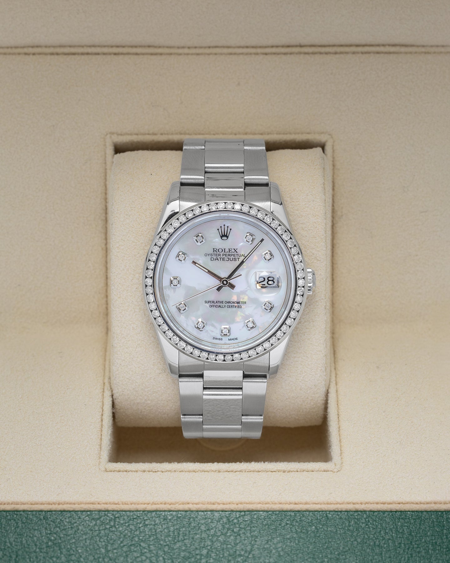 Mother of Pearl Diamond Bezel Rolex Datejust 16220 | Noah’s Fine Watches Dallas