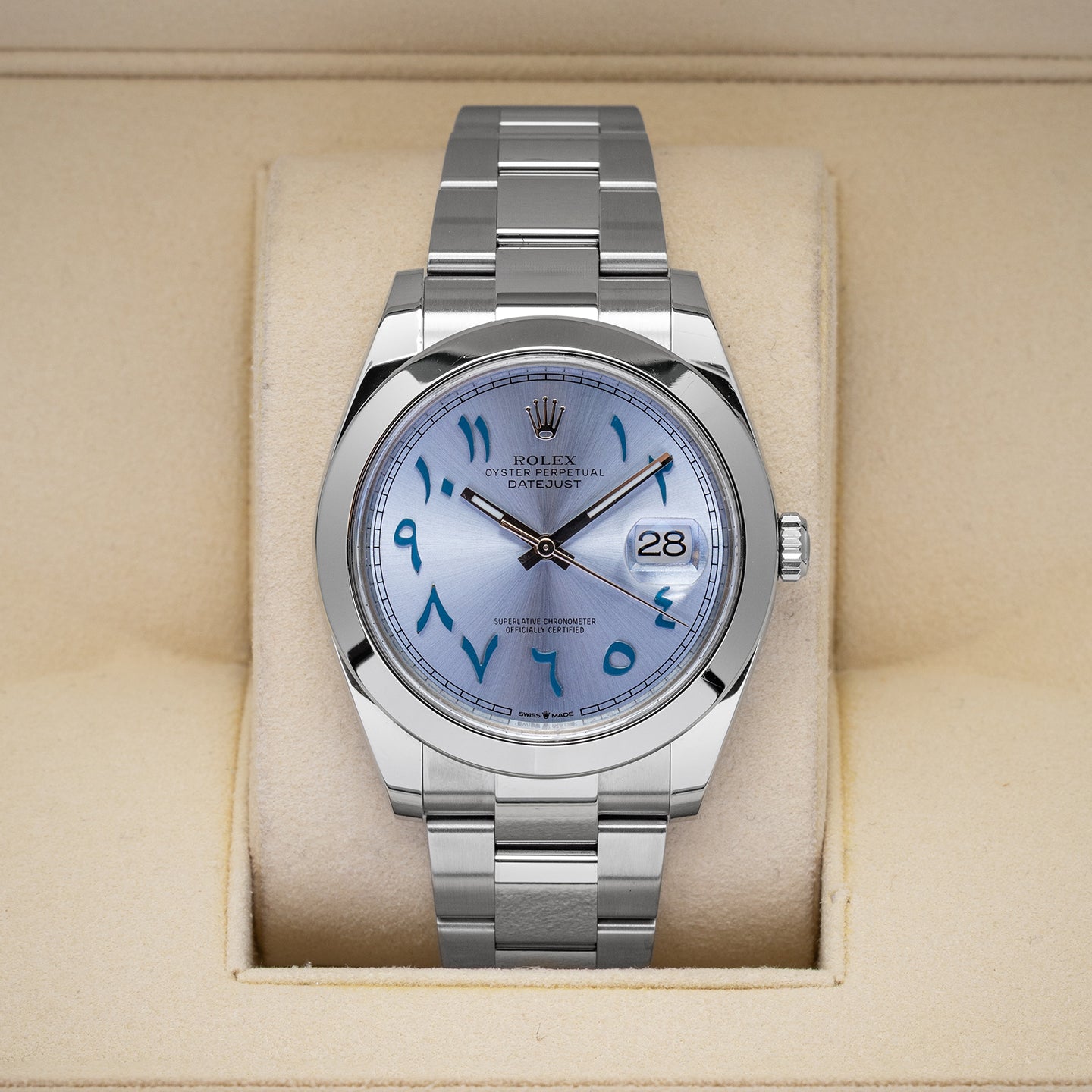 Rolex Datejust Aftermarket Ice Blue Arabic Dial 126300 | Noah's Fine Watches and Jewelry in Dallas, TX