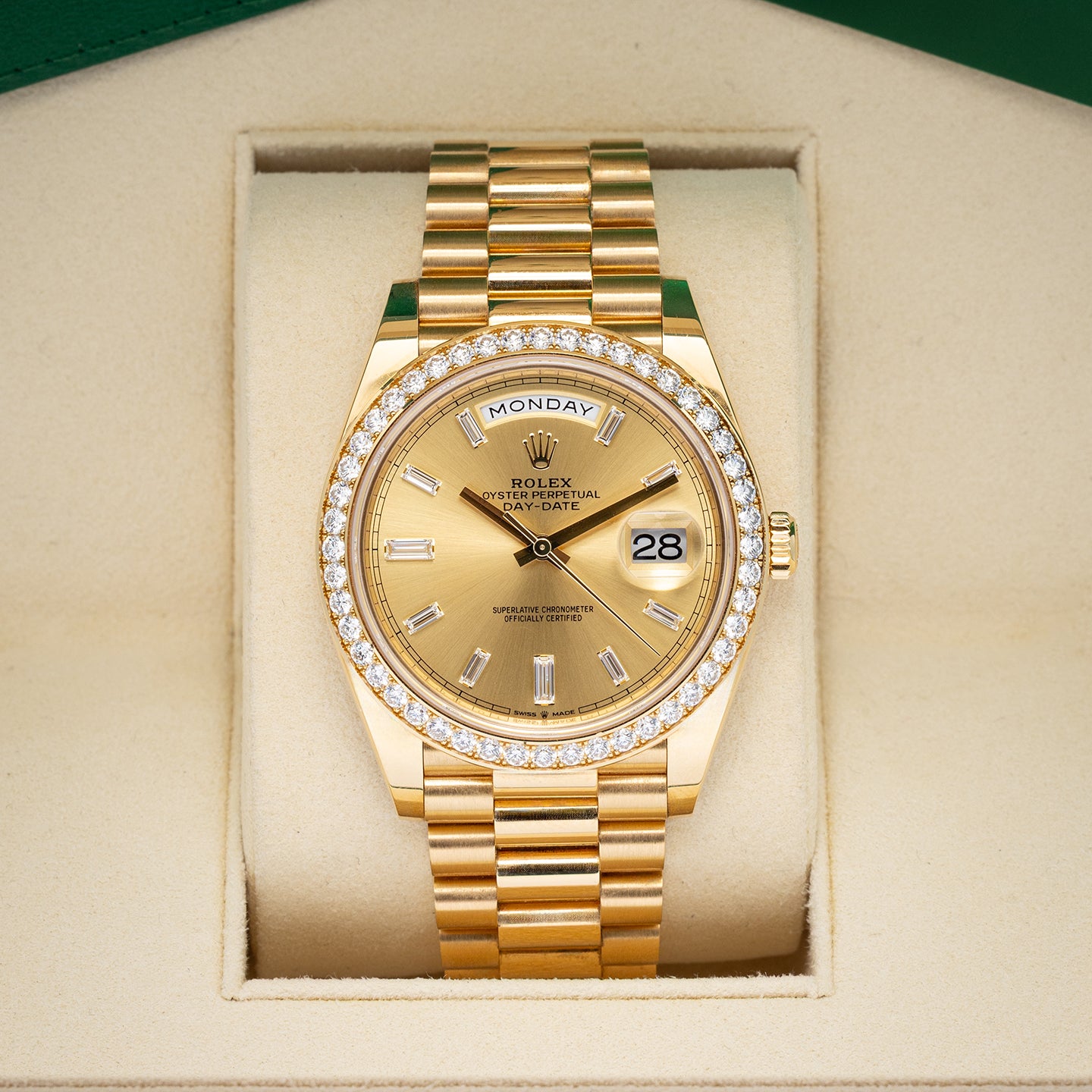 Yellow Gold Diamond Rolex Day-Date 228348RBR | Noah's Fine Watches Dallas, Texas