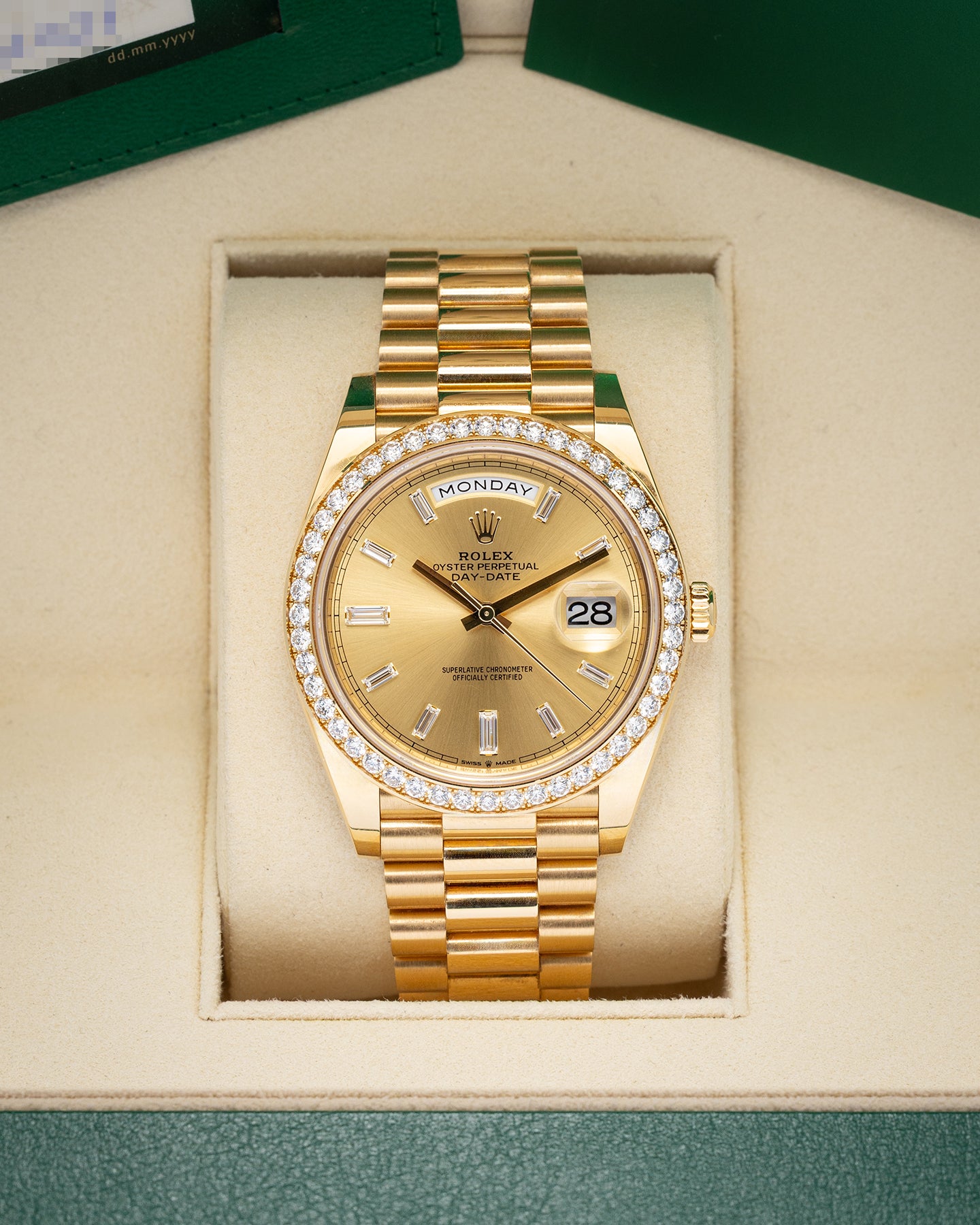 Yellow Gold Diamond Rolex Day-Date 228348RBR | Noah's Fine Watches Dallas, Texas