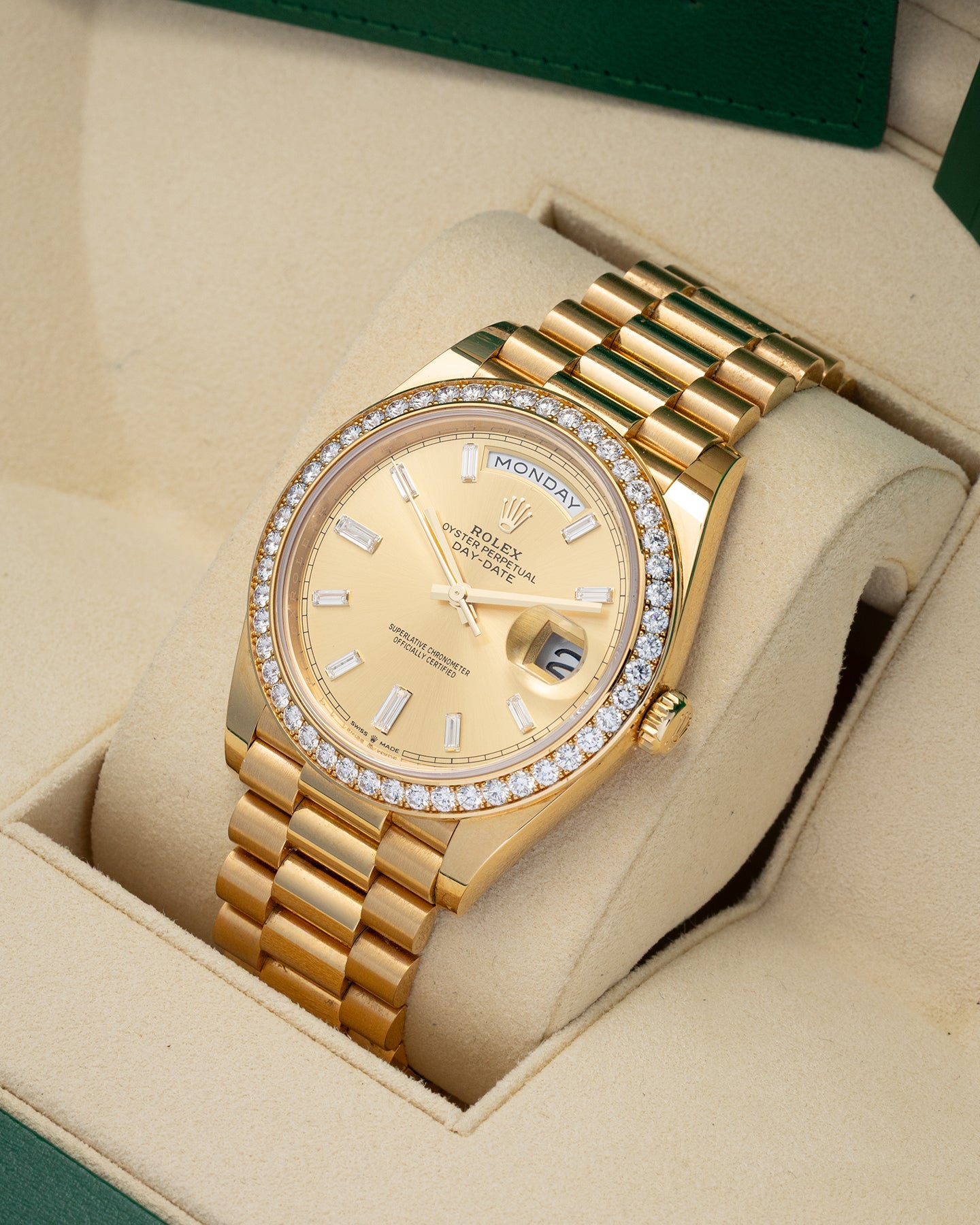 Yellow Gold Diamond Rolex Day-Date 228348RBR | Noah's Fine Watches Dallas, Texas