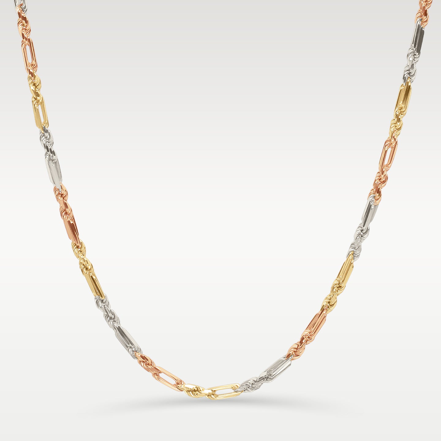 14k Yellow, White and Rose Gold Figarope Chain Necklace | Noah's Fine Jewelry Dallas