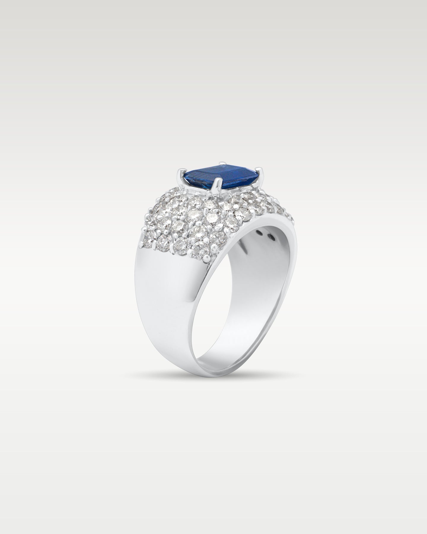 14k White Gold Emerald Cut Sapphire and Diamond Ring | Noah’s Fine Jewelry Dallas