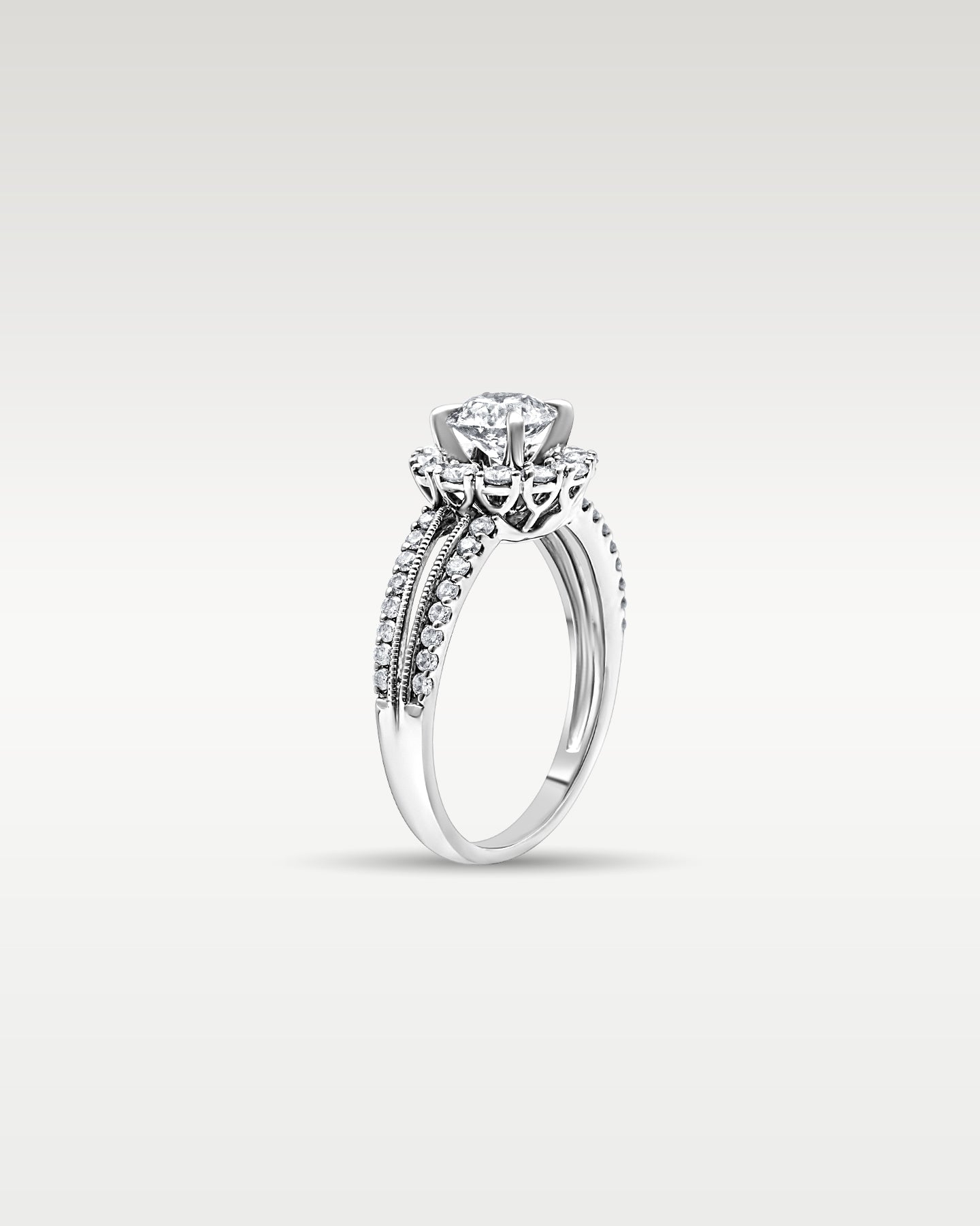 White Gold Round Halo Split Diamond Engagement Ring | Noah’s Fine Jewelry Dallas