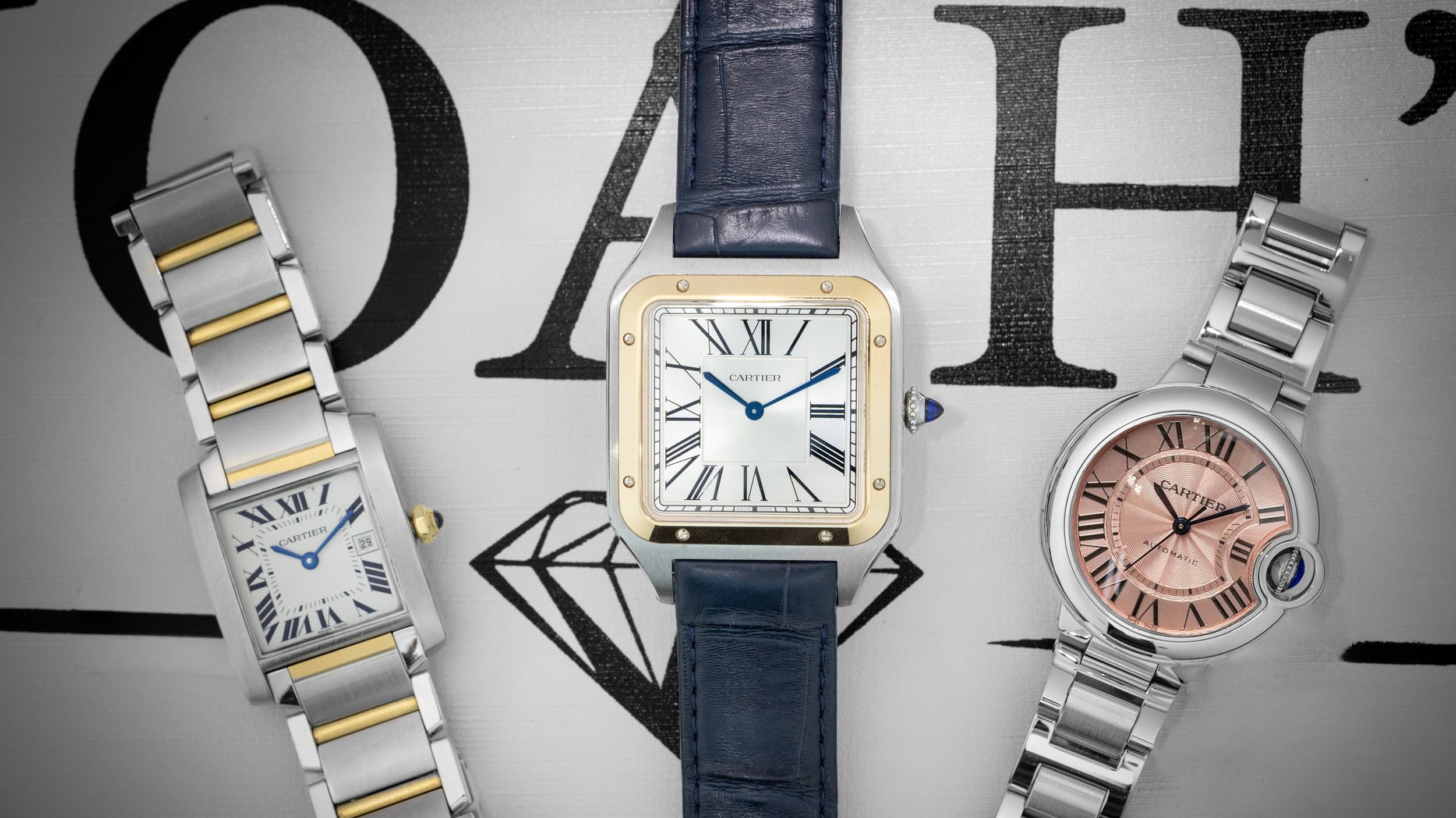 A trio of classic luxury Cartier watches including a two-tone Tank Française, a gold and steel Santos de Cartier on a leather strap, and a pink dial Ballon Bleu