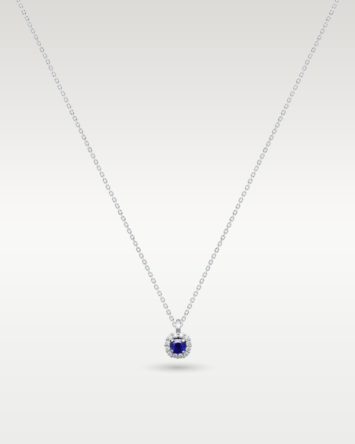 14k White Gold Sapphire & Diamond Halo Pendant Necklace
