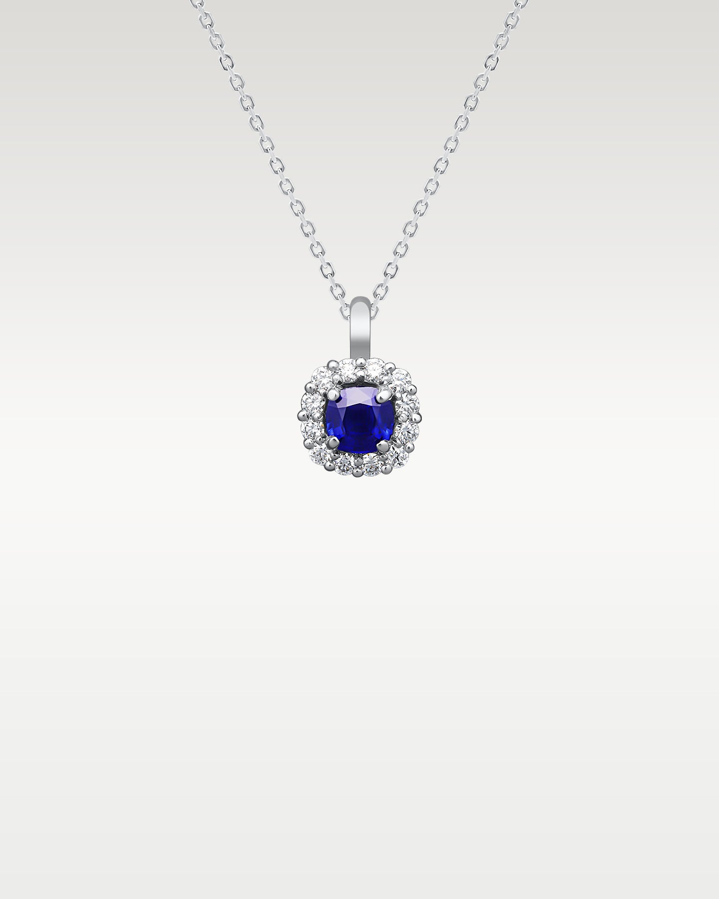 14k White Gold Sapphire & Diamond Halo Pendant Necklace