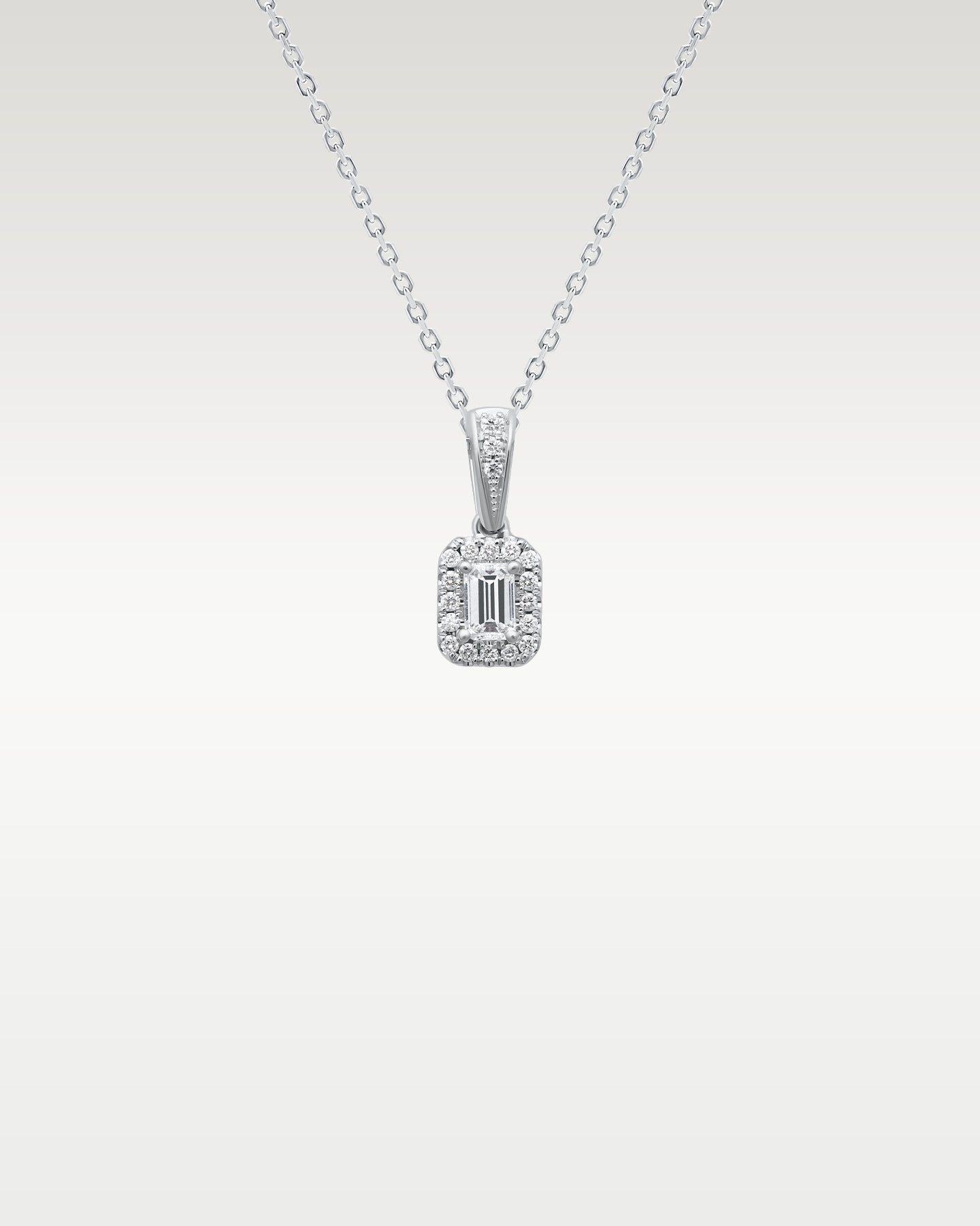 14K White Gold Emerald-Cut & Round Diamond Halo Pendant