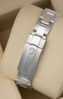 rear view snapshot focusing on the brushed stainless steel three-link Oyster bracelet and its folding Oysterclasp closure with embossed crown