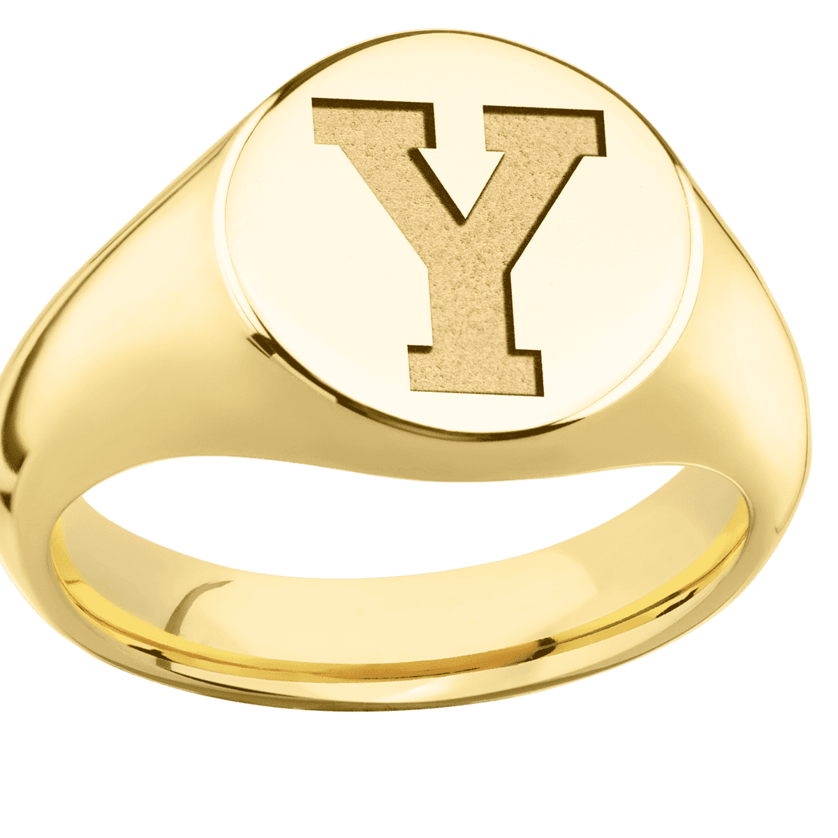 Medium Circle signet ring (14mm) in 14K Yellow Gold, with a Wide style band and a Brigham Young Block Y engraving.