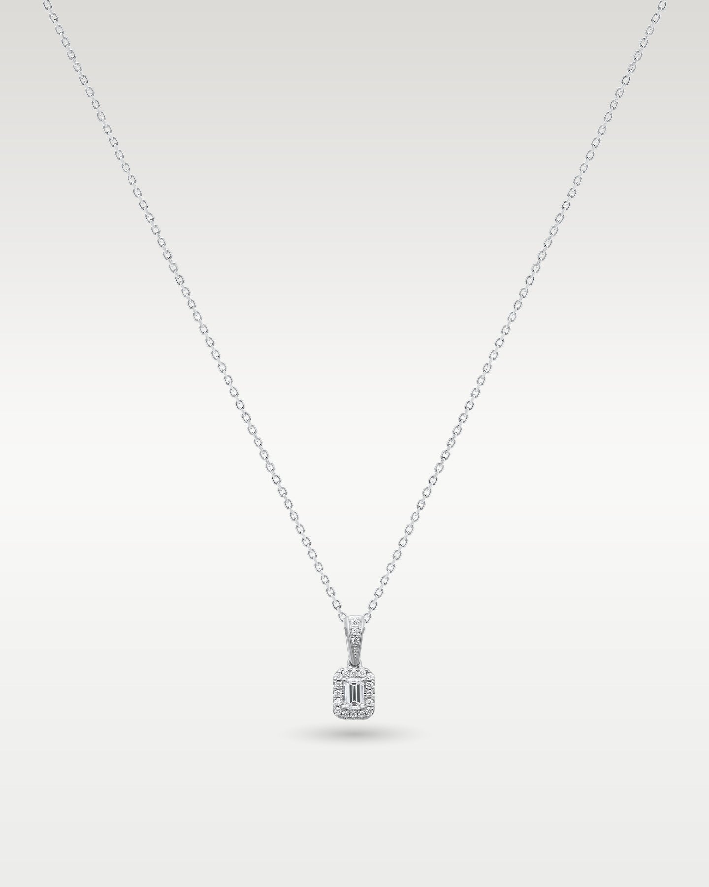 14K White Gold Emerald-Cut & Round Diamond Halo Pendant