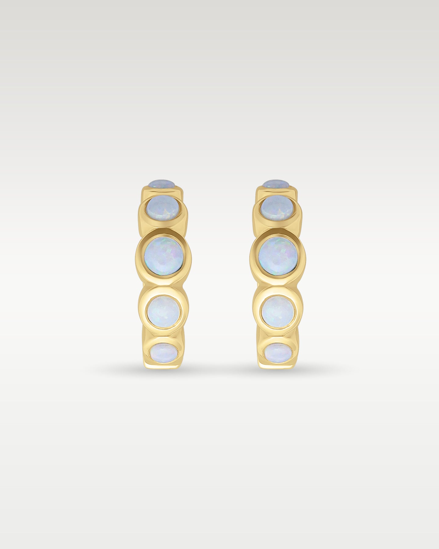 14K Yellow Gold Round Opal Huggie Hoops | Noah's Fine Jewelry Dallas, Texas
