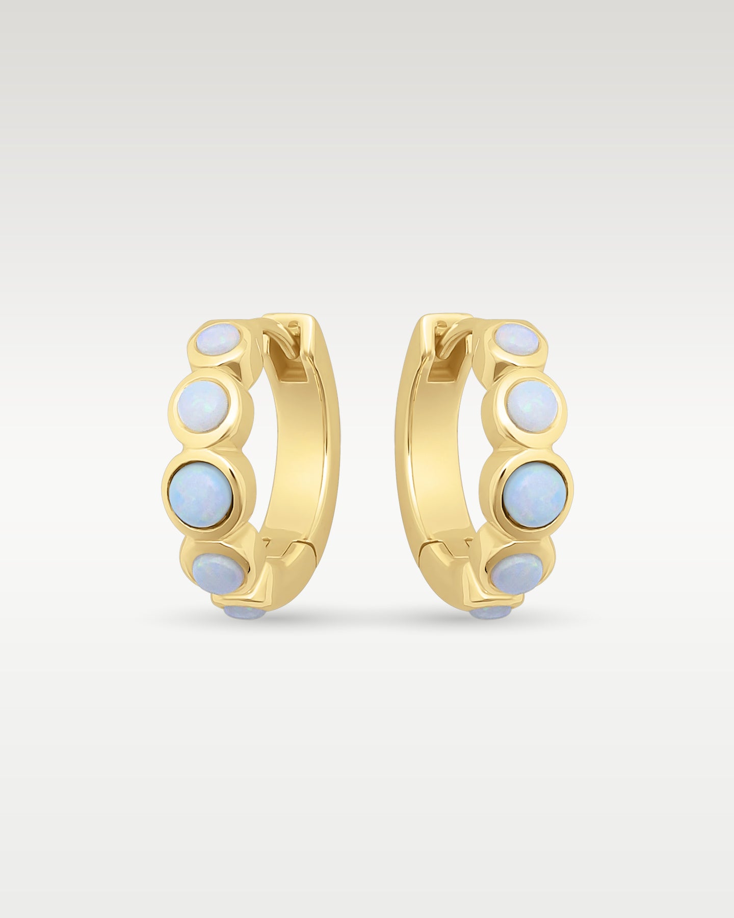 14K Yellow Gold Round Opal Huggie Hoops | Noah's Fine Jewelry Dallas, Texas