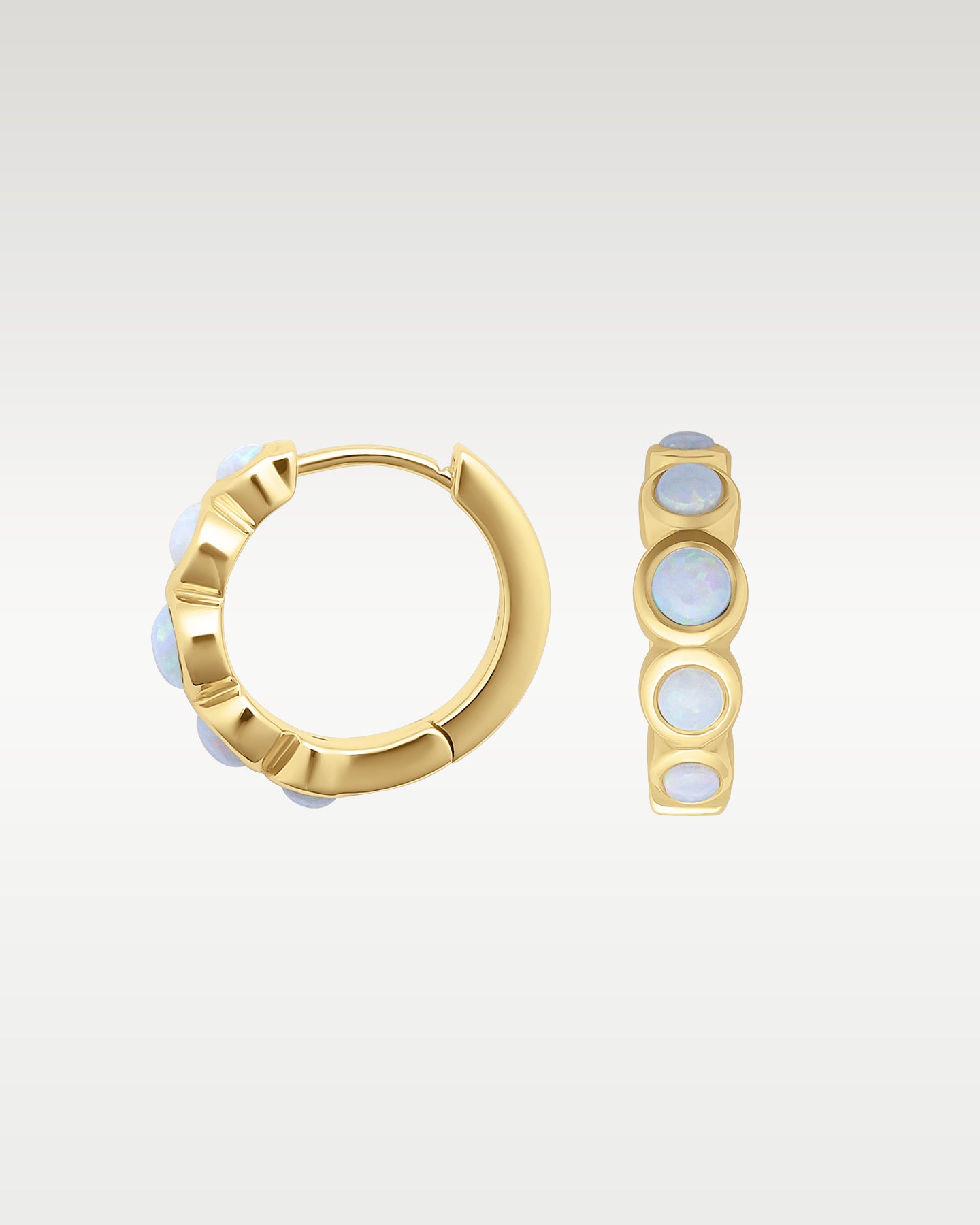 14K Yellow Gold Round Opal Huggie Hoops | Noah's Fine Jewelry Dallas, Texas