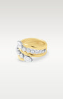 angled view showing the bypass wrap design and multi-band yellow gold layout set with diamonds