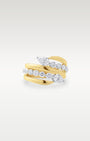 Front view of a 14k yellow gold wrap ring set with pear and round brilliant diamonds totaling 1.67 carats