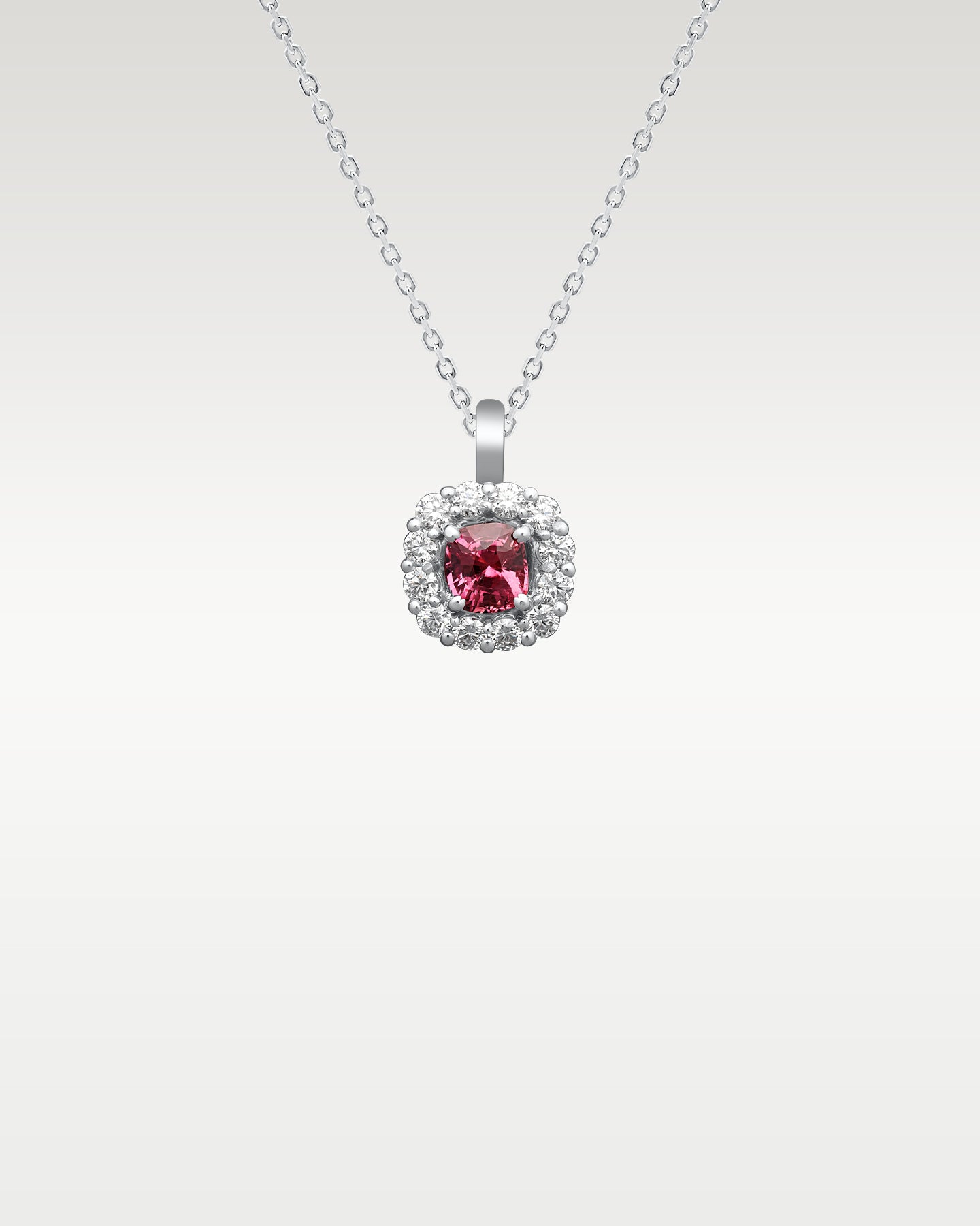 14k White Gold 1.33ct Pink Sapphire & Diamond Halo Pendant Necklace | Frisco, Texas Jewelry Store