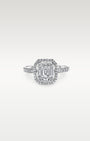White Gold Emerald Cut Diamond Halo Engagement Ring | Noah's Fine Jewelry DFW, Texas