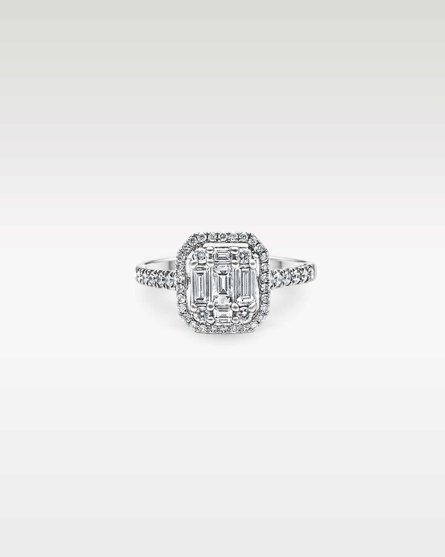 White Gold Emerald Cut Diamond Halo Engagement Ring | Noah's Fine Jewelry DFW, Texas