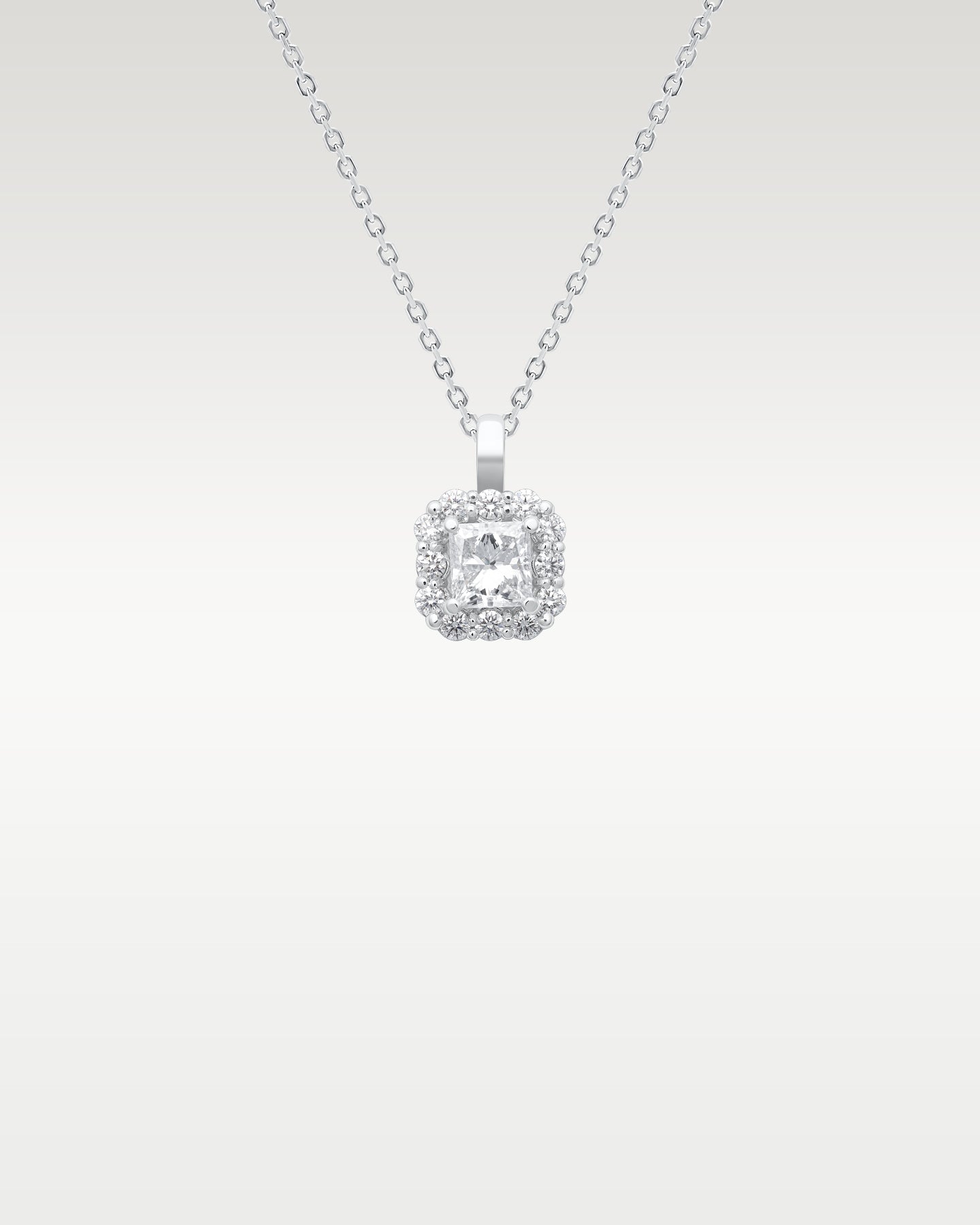 14k White Gold Princess Cut Diamond Halo Pendant