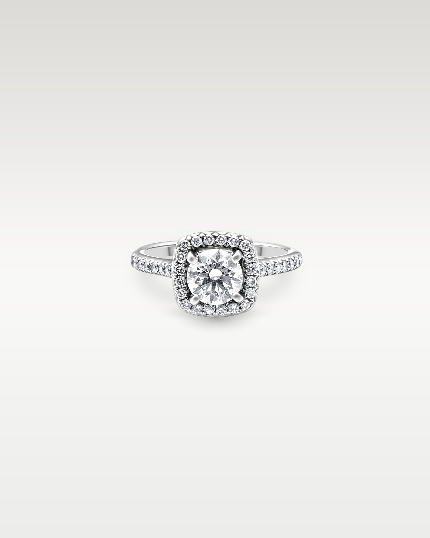 White Gold Round Cushion Halo Diamond Engagement Ring | Noah’s Fine Jewelry Dallas