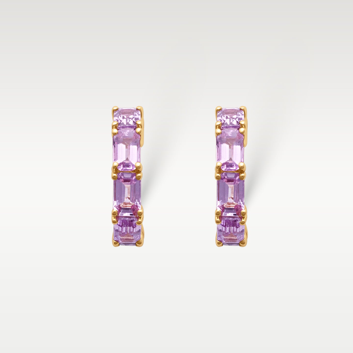Yellow Gold Emerald Cut Pink Sapphire Hoops | Noah's fine Jewelry Dallas, Tx