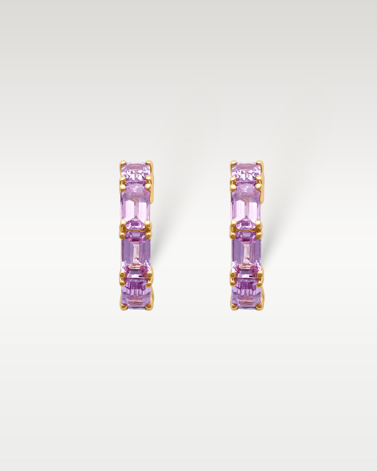 Yellow Gold Emerald Cut Pink Sapphire Hoops | Noah's fine Jewelry Dallas, Tx