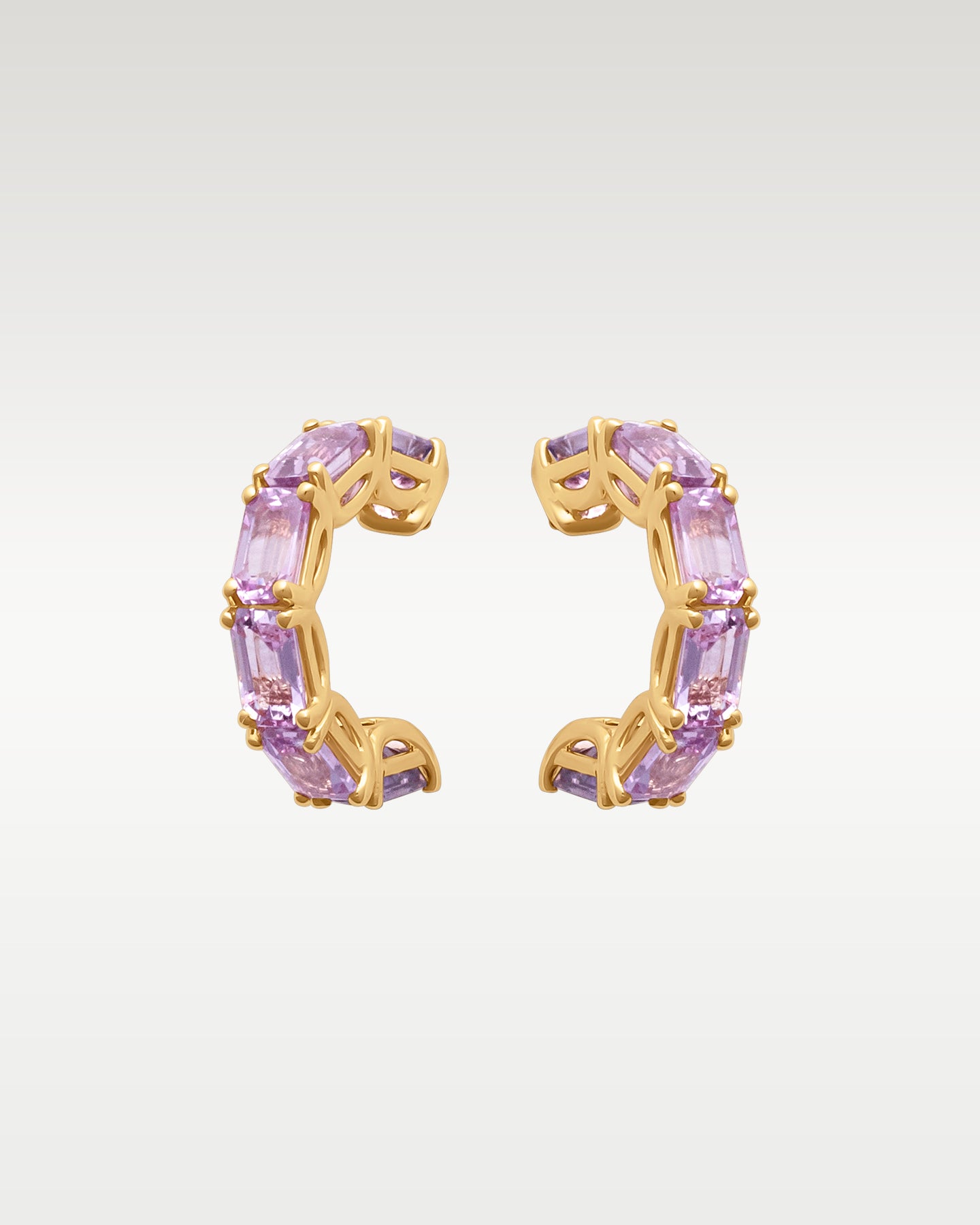 Yellow Gold Emerald Cut Pink Sapphire Hoops | Noah's fine Jewelry Dallas, Tx