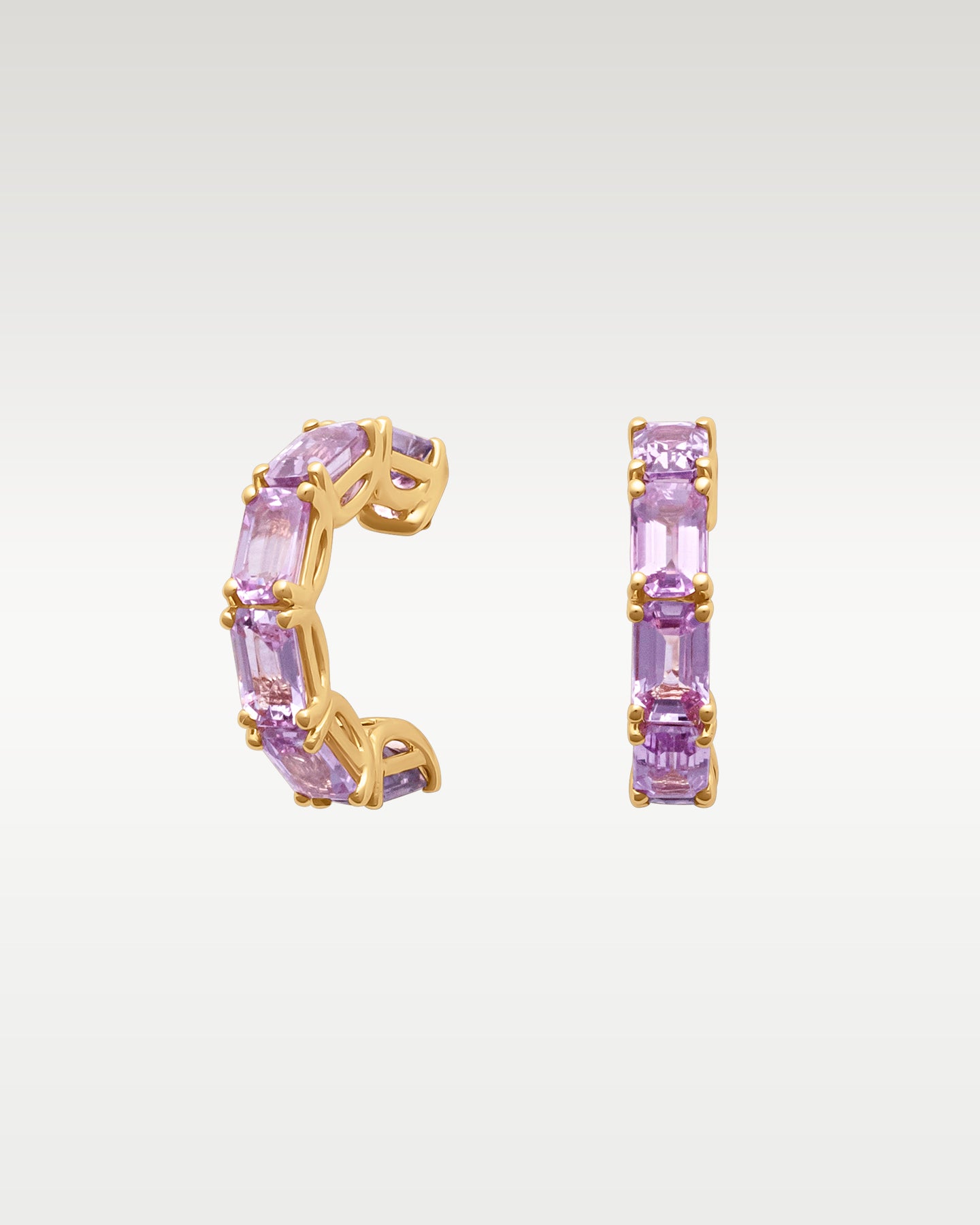 Yellow Gold Emerald Cut Pink Sapphire Hoops | Noah's fine Jewelry Dallas, Tx