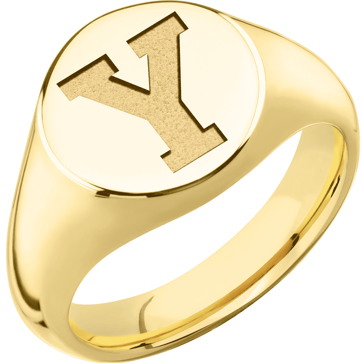 Medium Circle signet ring (14mm) in 14K Yellow Gold, with a Wide style band and a Brigham Young Block Y engraving.