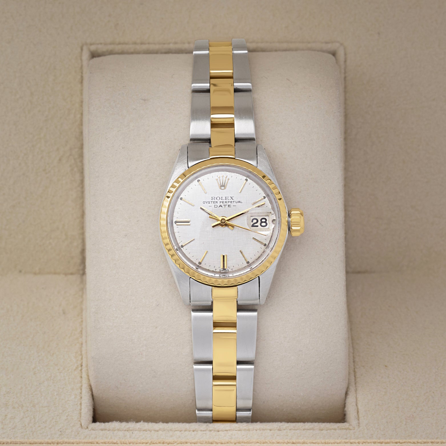 Vintage 1969 two-tone Rolex Oyster Perpetual Date 6517 with a sunburst silver dial and gold fluted bezel in a Rolex watch box