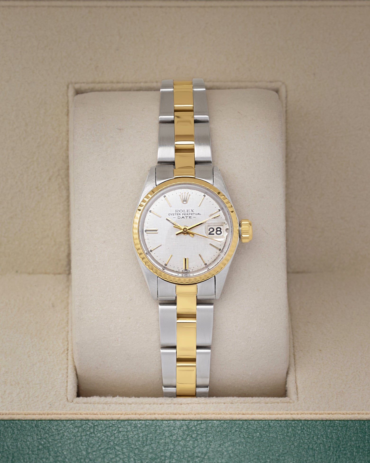 Vintage 1969 two-tone Rolex Oyster Perpetual Date 6517 with a sunburst silver dial and gold fluted bezel in a Rolex watch box