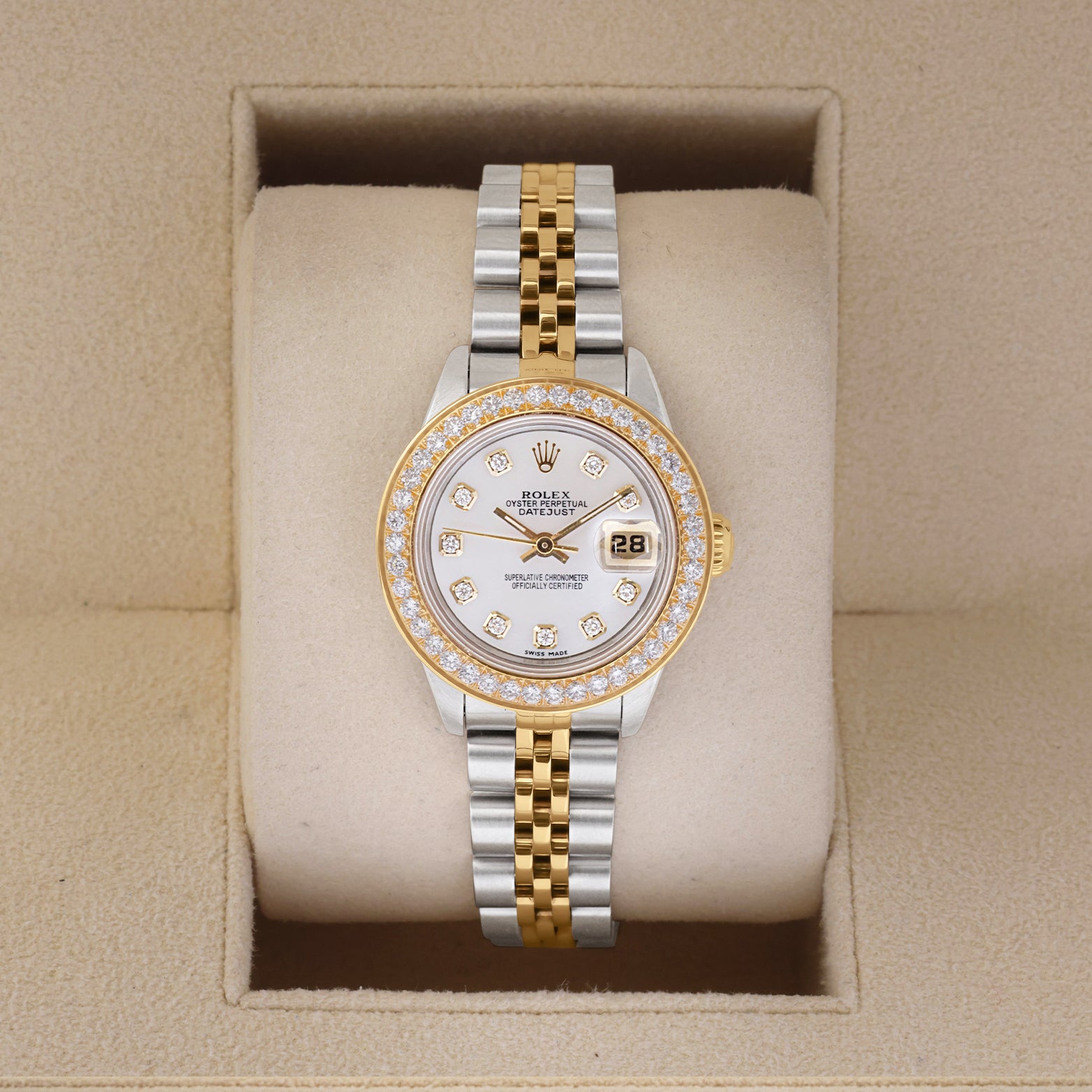 1989 two tone Rolex Lady-Datejust 69173 featuring an aftermarket white mother of pearl diamond dial and custom diamond bezel inside a watch box