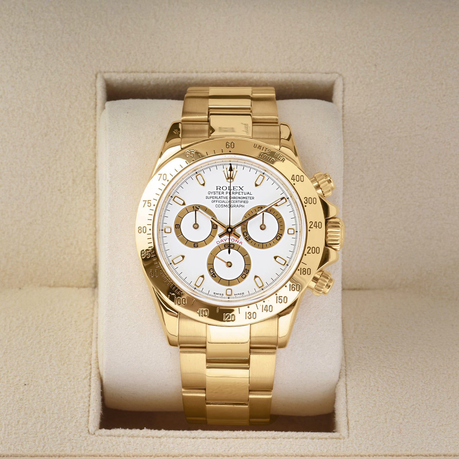 2002 solid 18k yellow gold Rolex Daytona 116528 featuring a white dial with gold-rimmed sub-dials, presented inside its official box