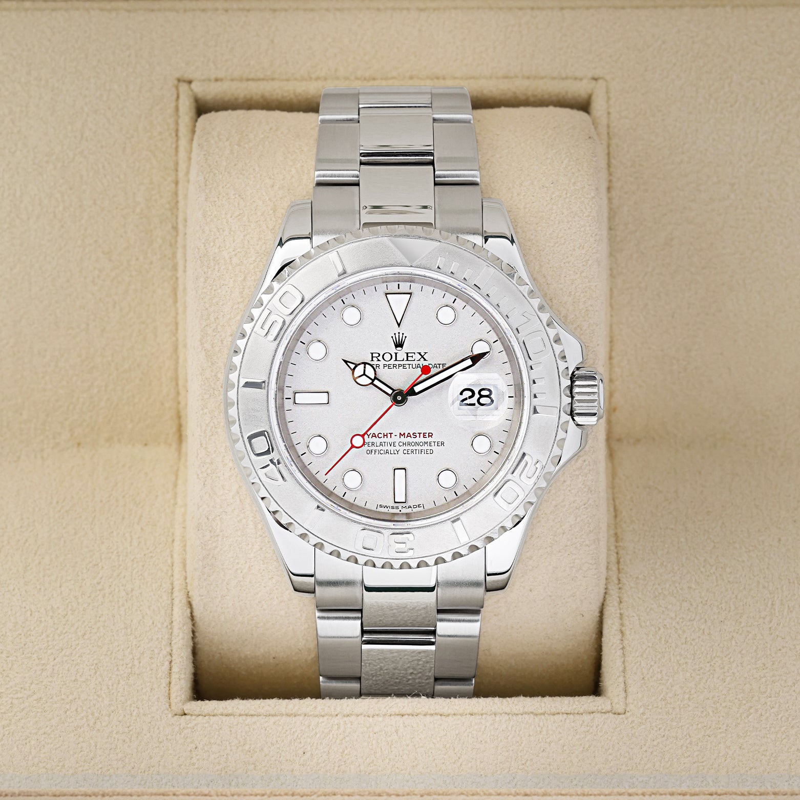 Preowned 2007 Rolex Yacht-Master 40 16622 Rolesium watch with sandblasted 950 platinum bezel and matching platinum dial at Noah's Fine Watches and Jewelry Dallas Texas