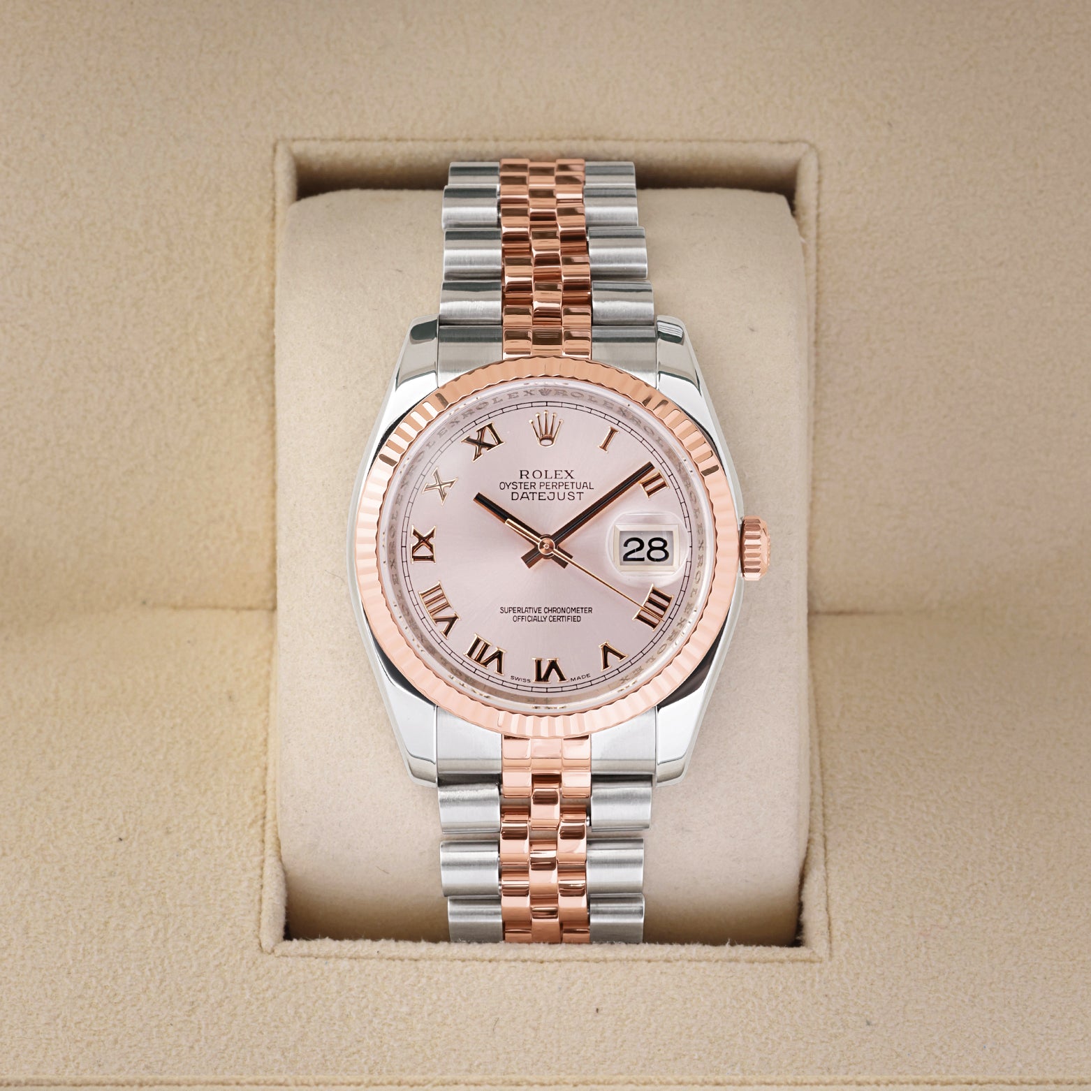 2007 Rolex Datejust 36 116231 two-tone Everose gold and steel watch with a pink Roman numeral dial in a Rolex box