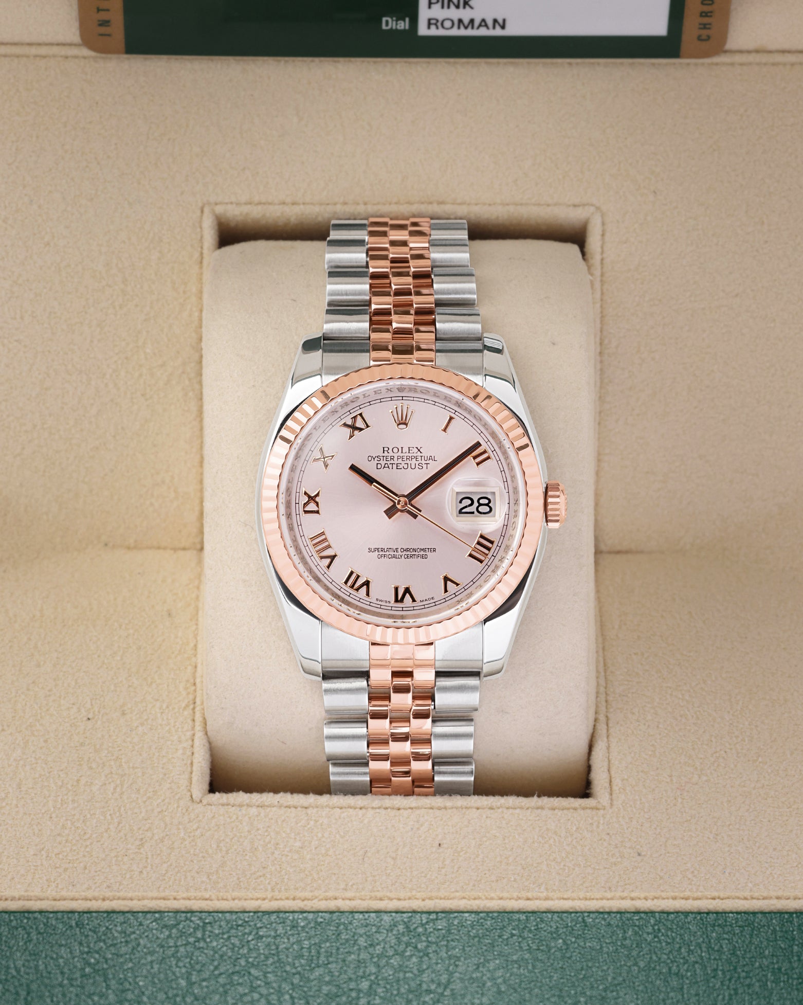 2007 Rolex Datejust 36 116231 two-tone Everose gold and steel watch with a pink Roman numeral dial in a Rolex box