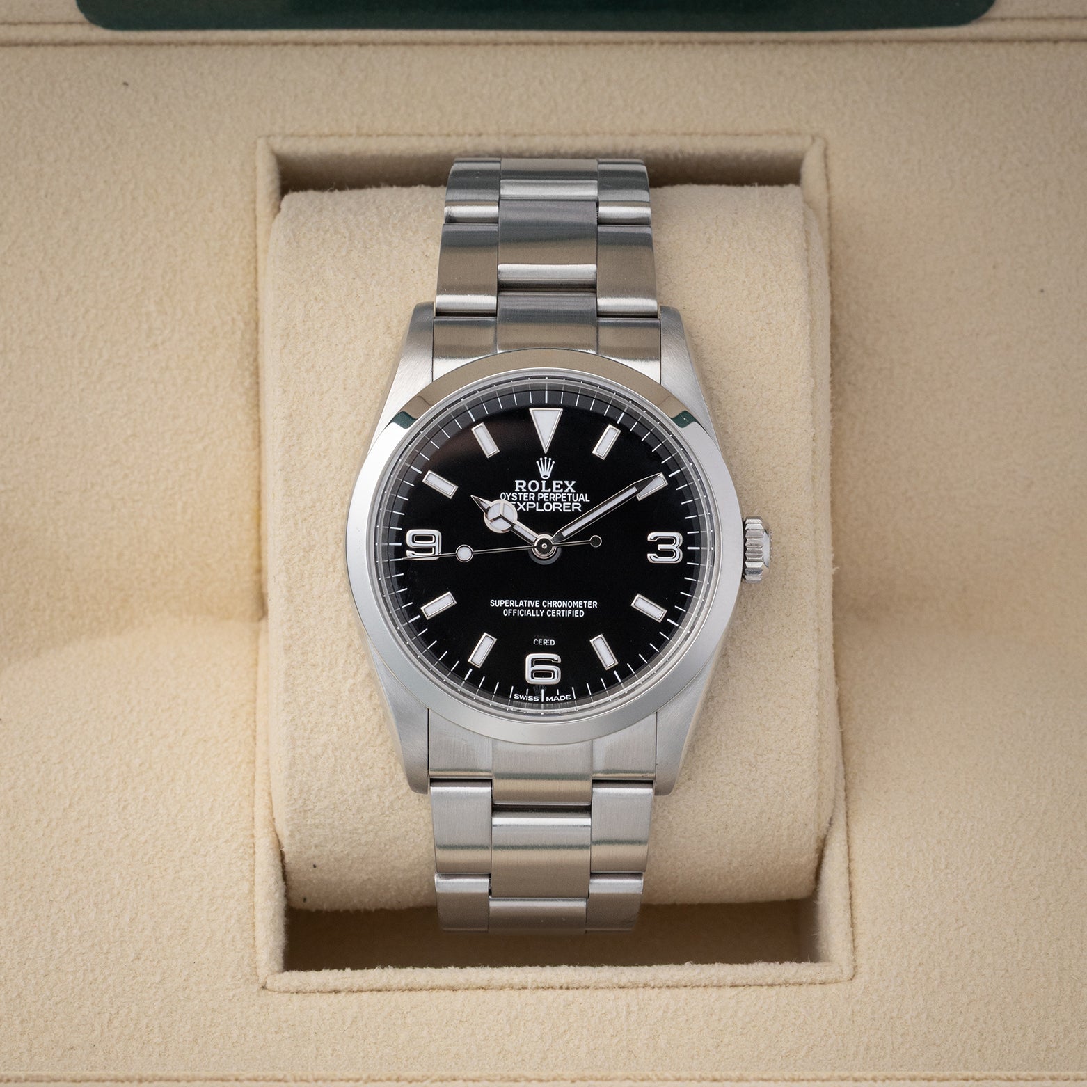 Preowned 2007 Rolex Explorer 36mm reference 114270 with black 3 6 9 dial and stainless steel Oyster bracelet at Noahs Fine Watches and Jewelry in Dallas TX