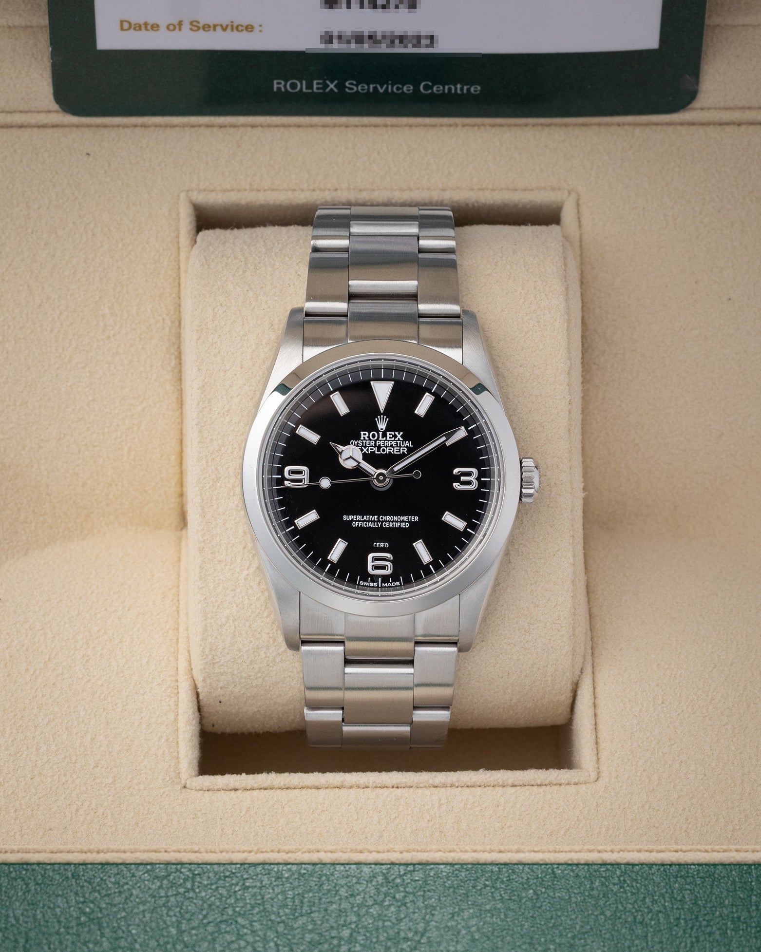 Preowned 2007 Rolex Explorer 36mm reference 114270 with black 3 6 9 dial and stainless steel Oyster bracelet at Noahs Fine Watches and Jewelry in Dallas TX