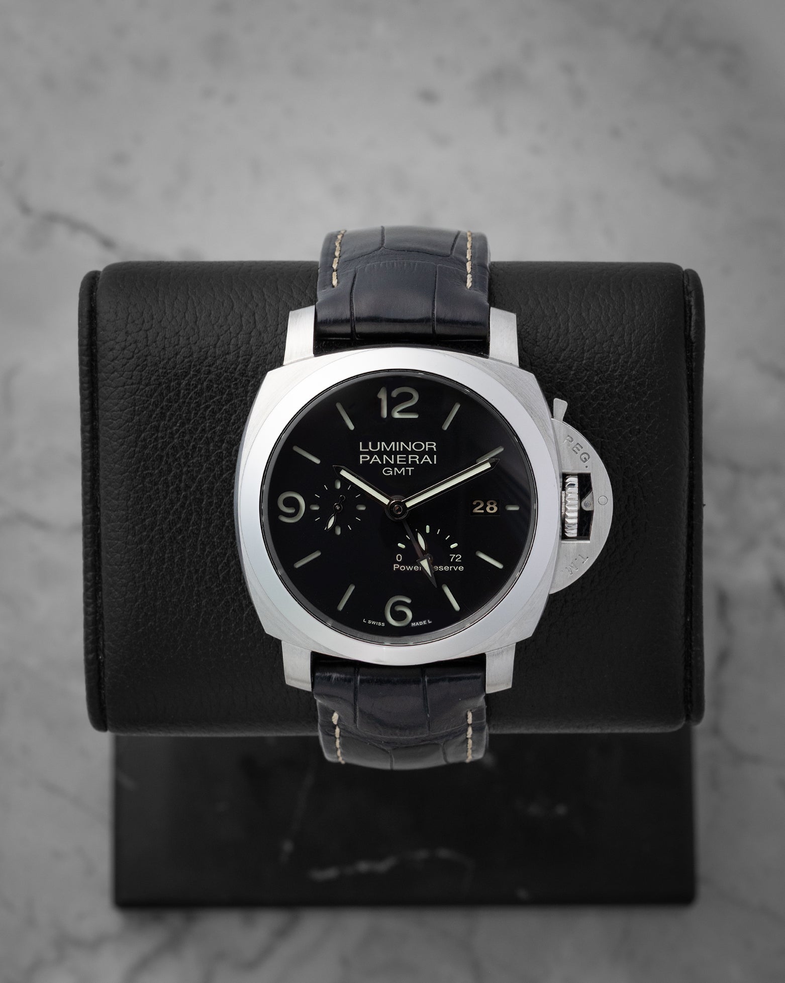 Preowned 2011 Panerai Luminor 1950 3 Days GMT Power Reserve 44mm reference PAM00321 with black dial and alligator leather strap at Noahs Fine Watches and Jewelry in Dallas TX