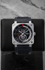 Preowned 2015 Bell and Ross BR 03-90 B-Rocket 42mm square steel automatic watch with speedometer matte black big date dial at Noah's Fine Watches and Jewelry Dallas Texas