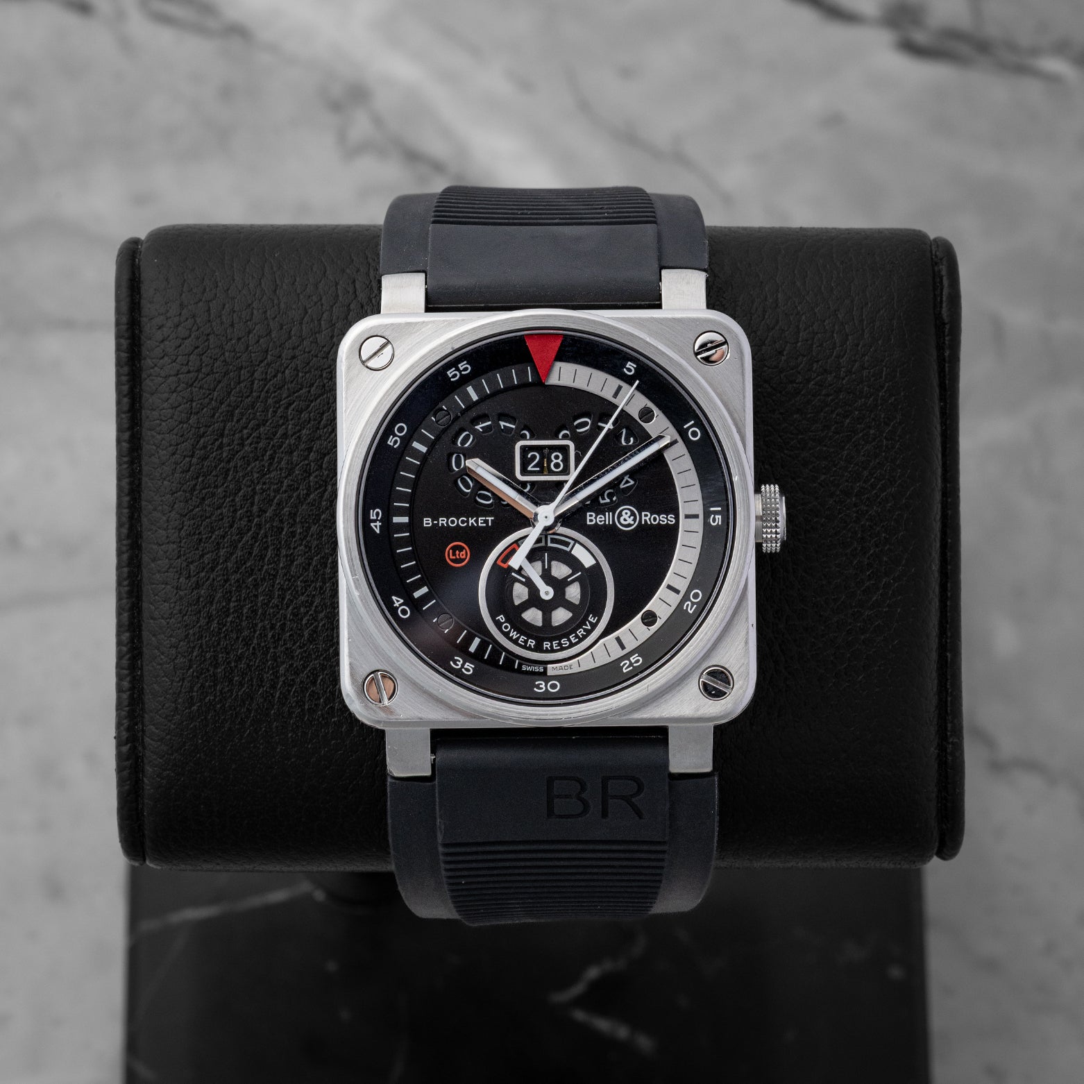 Preowned 2015 Bell and Ross BR 03-90 B-Rocket 42mm square steel automatic watch with speedometer matte black big date dial at Noah's Fine Watches and Jewelry Dallas Texas