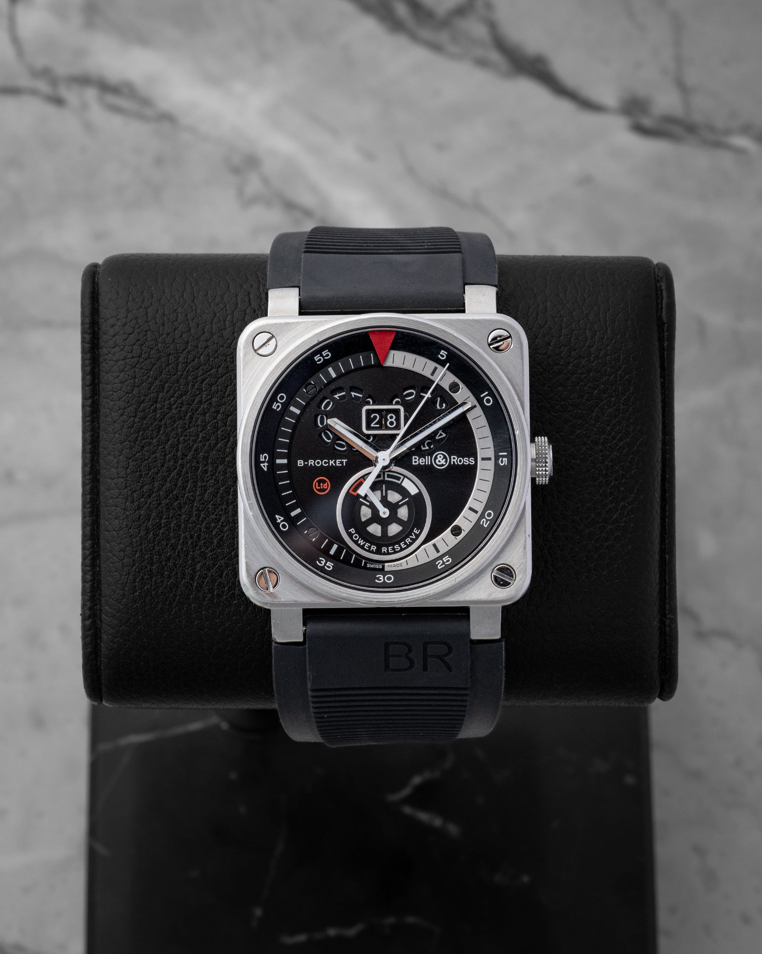 Preowned 2015 Bell and Ross BR 03-90 B-Rocket 42mm square steel automatic watch with speedometer matte black big date dial at Noah's Fine Watches and Jewelry Dallas Texas