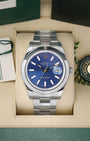 Preowned 2016 Rolex Datejust II 116300 41mm stainless steel watch with smooth bezel and sunray blue index dial at Noah's Fine Watches and Jewelry Dallas Texas
